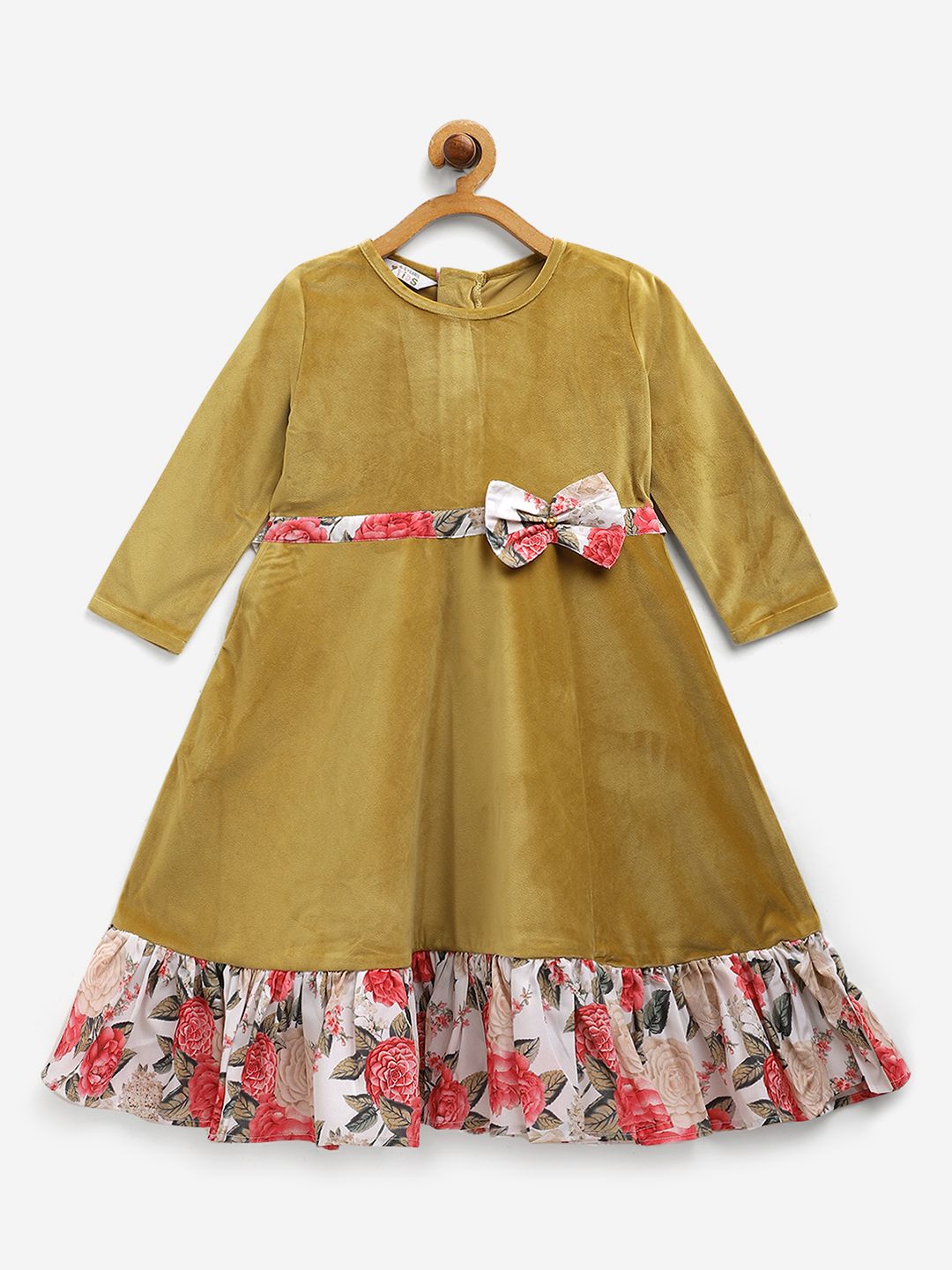 Mustard Velvet Plain Girls Frilled Kurta