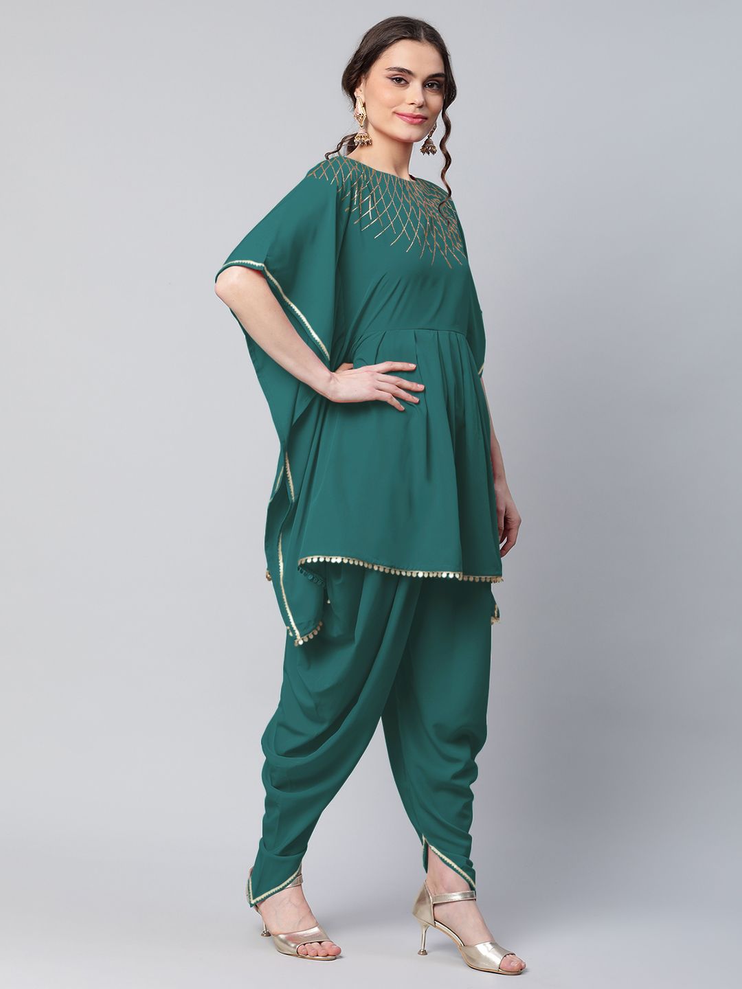 Dark Green Glitter Printed Kurta with Dhoti Pants