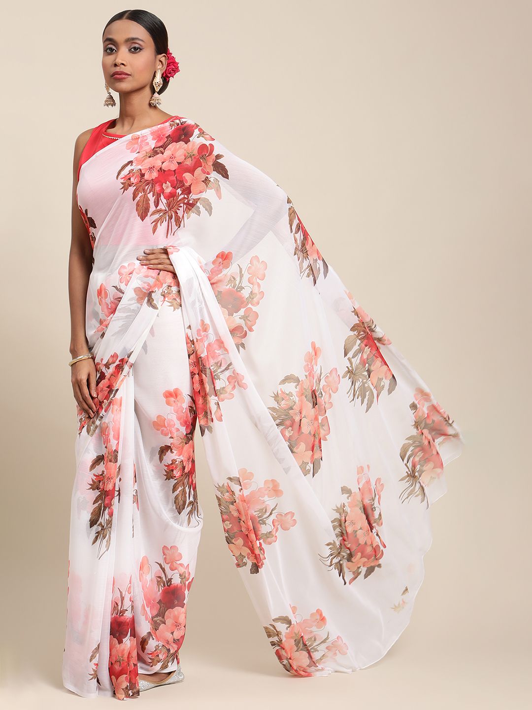 White Chiffon Digital Floral Print Saree