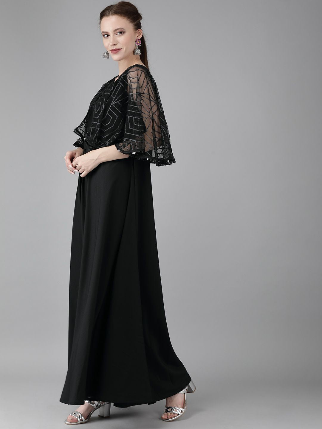 Black Crepe & Net Maxi Dress