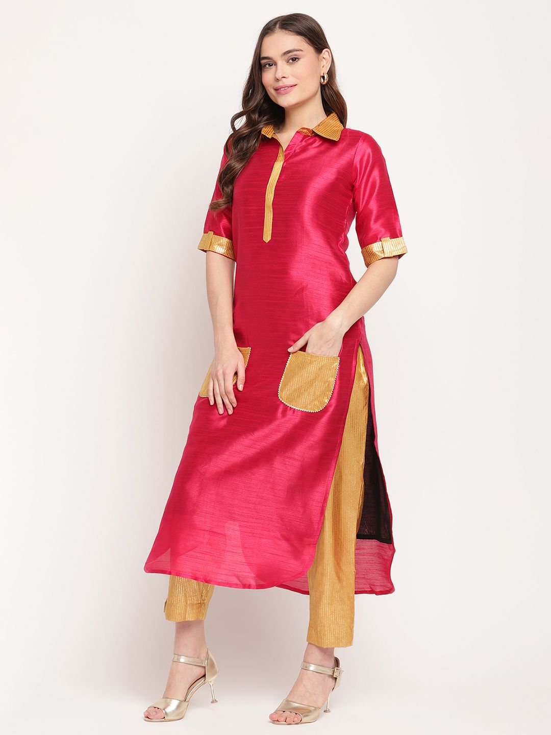 Dark Pink Poly Silk Kurta Trouser Set