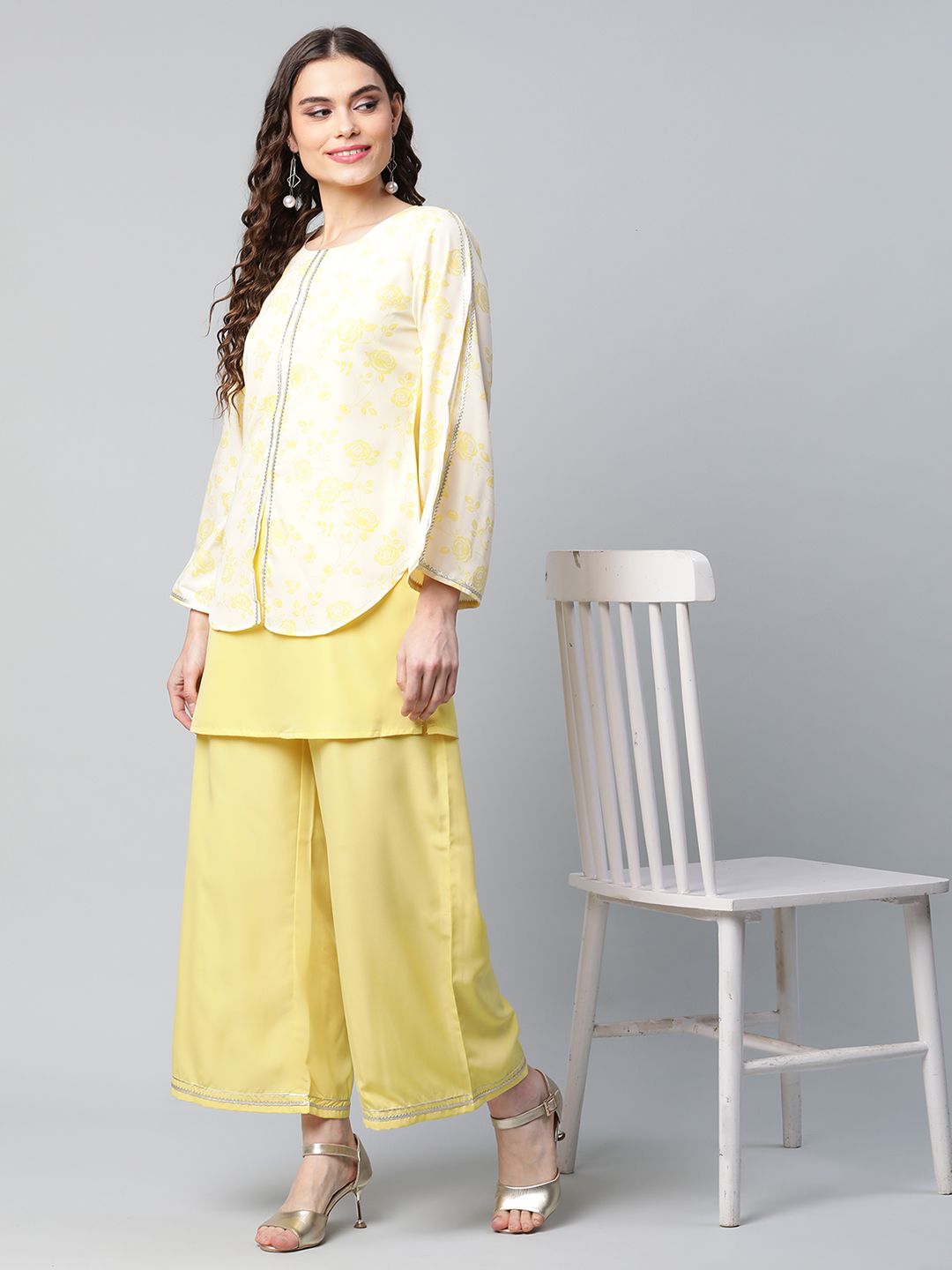 Yellow Crepe Printed Top Palazzo Set