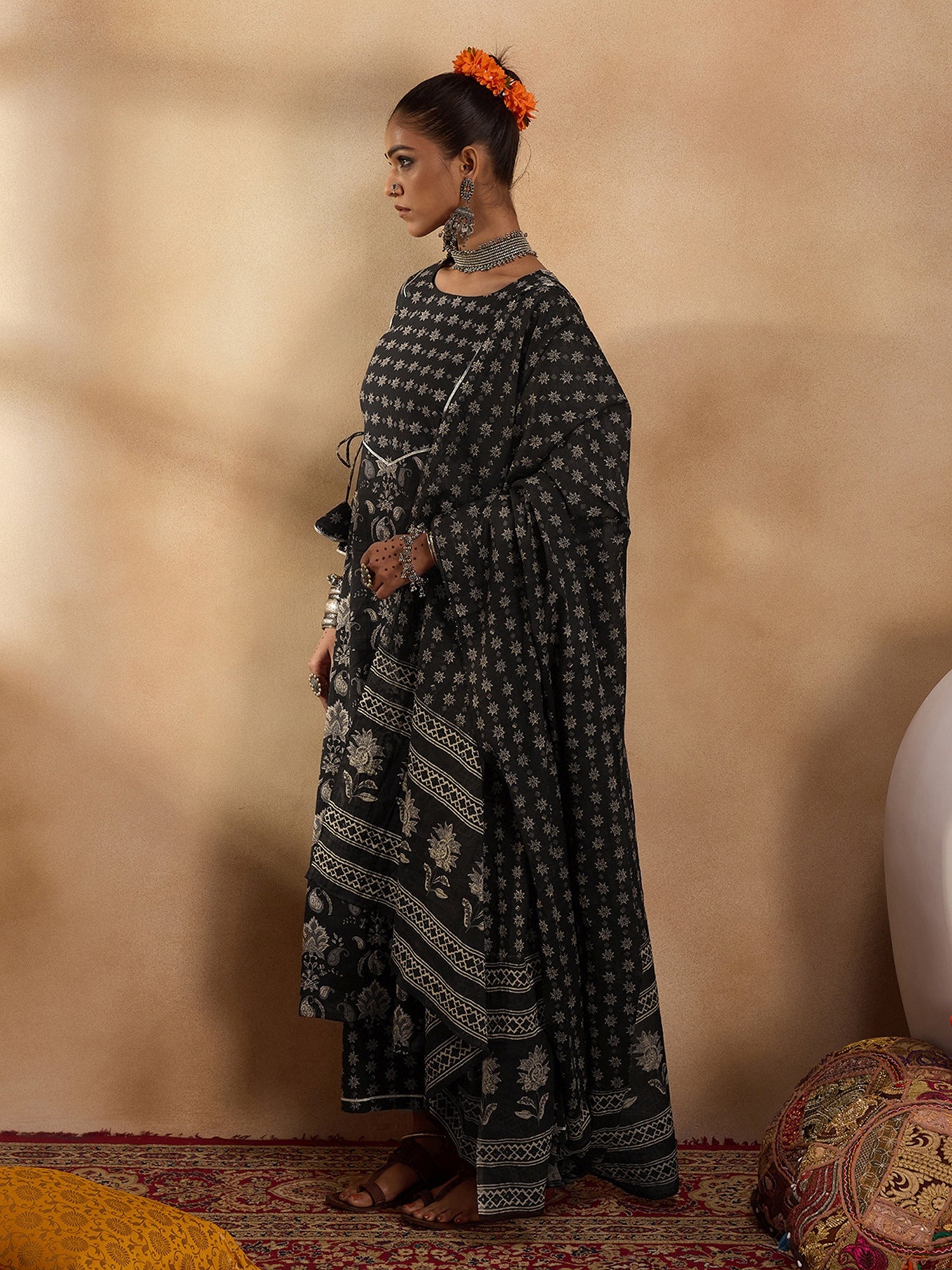 Black Printed Straight Kurta Palazzos With Dupatta set