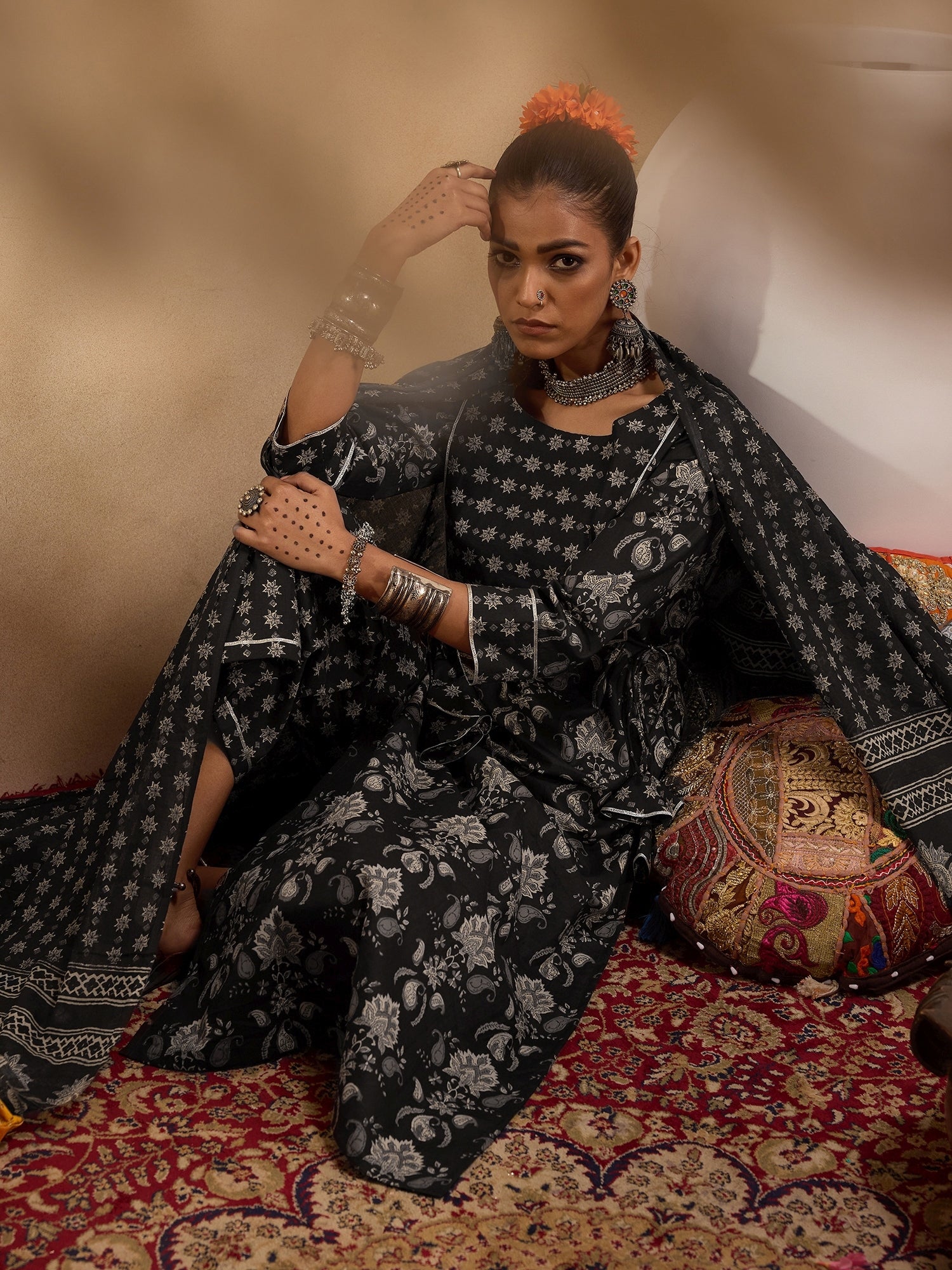 Black Printed Straight Kurta Palazzos With Dupatta set