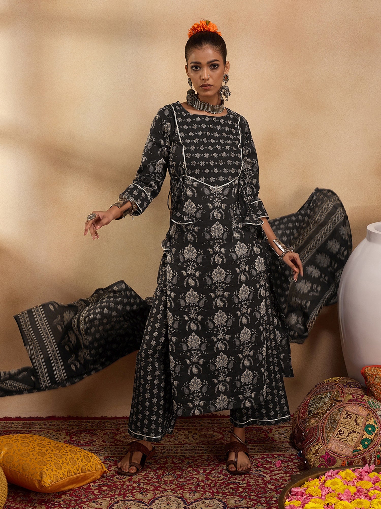 Black Printed Straight Kurta Palazzos With Dupatta set