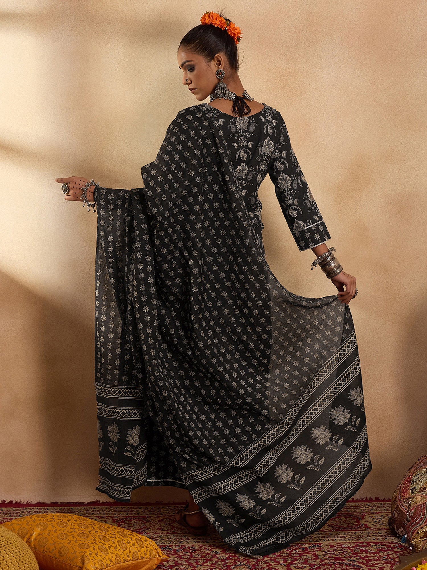 Black Printed Straight Kurta Palazzos With Dupatta set