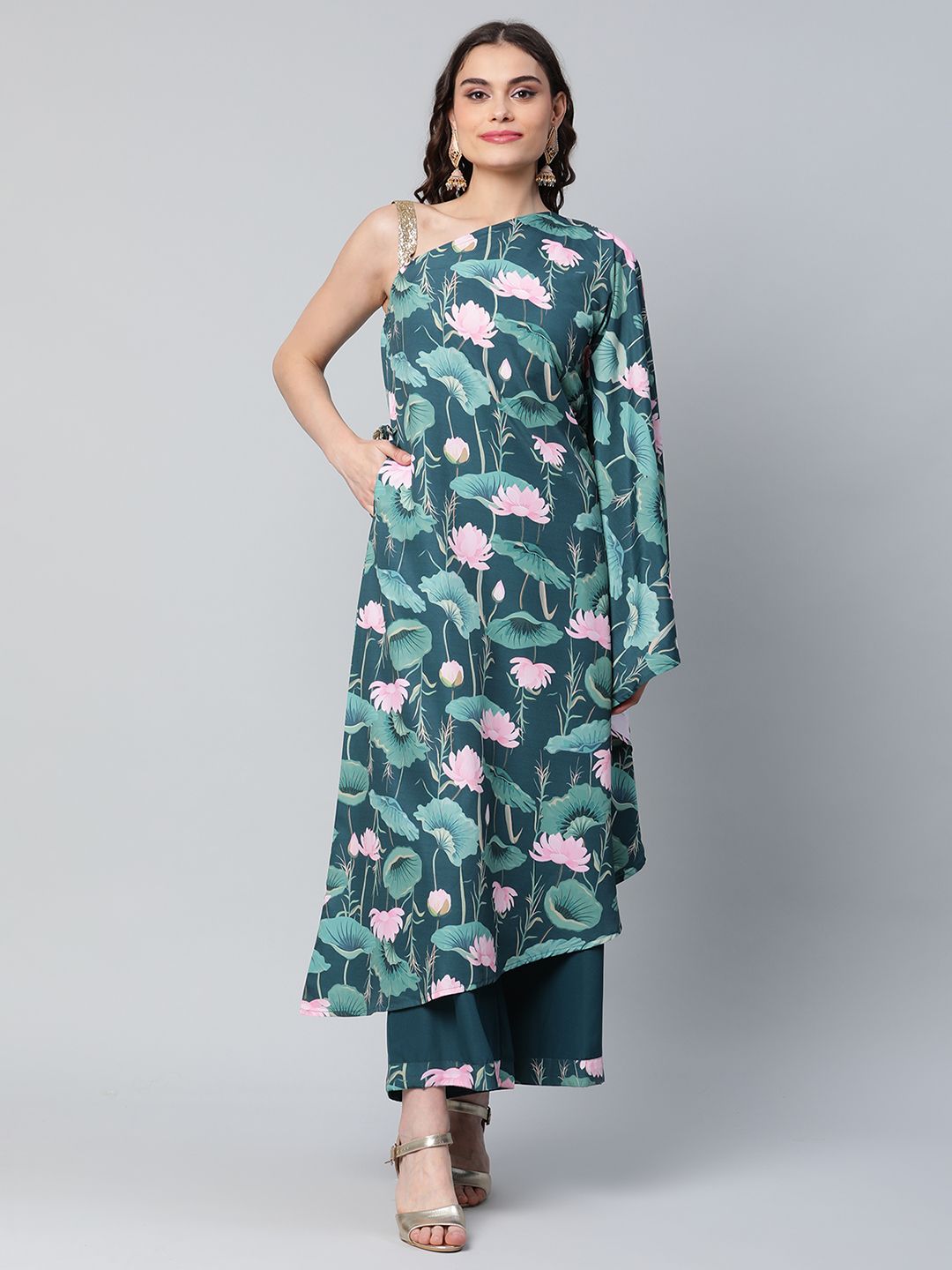 Green Floral Printed Kurta with Palazzo Set