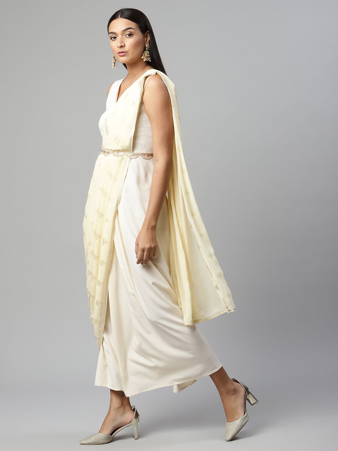 Off White Georgette Saree Dress With Printed Pallu