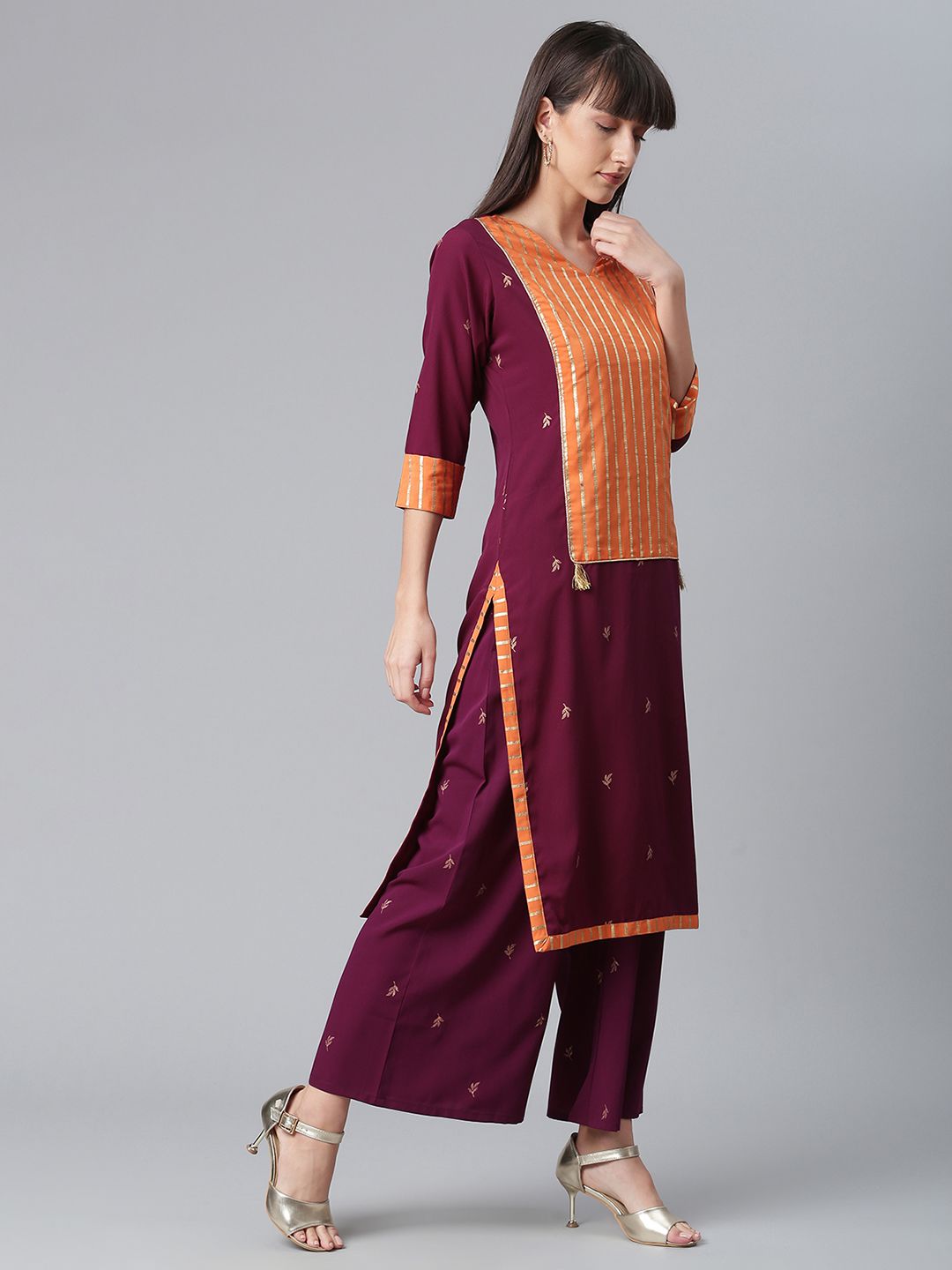 Wine & Orange Printed Kurta Palazzo Set With Printed Dupatta