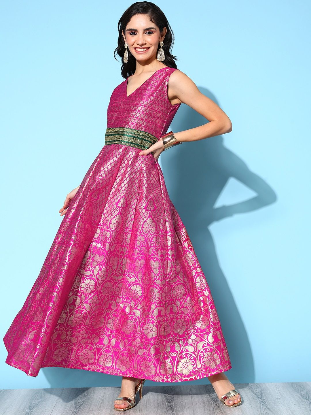Pink Poly Silk Gold Foil Printed Dress