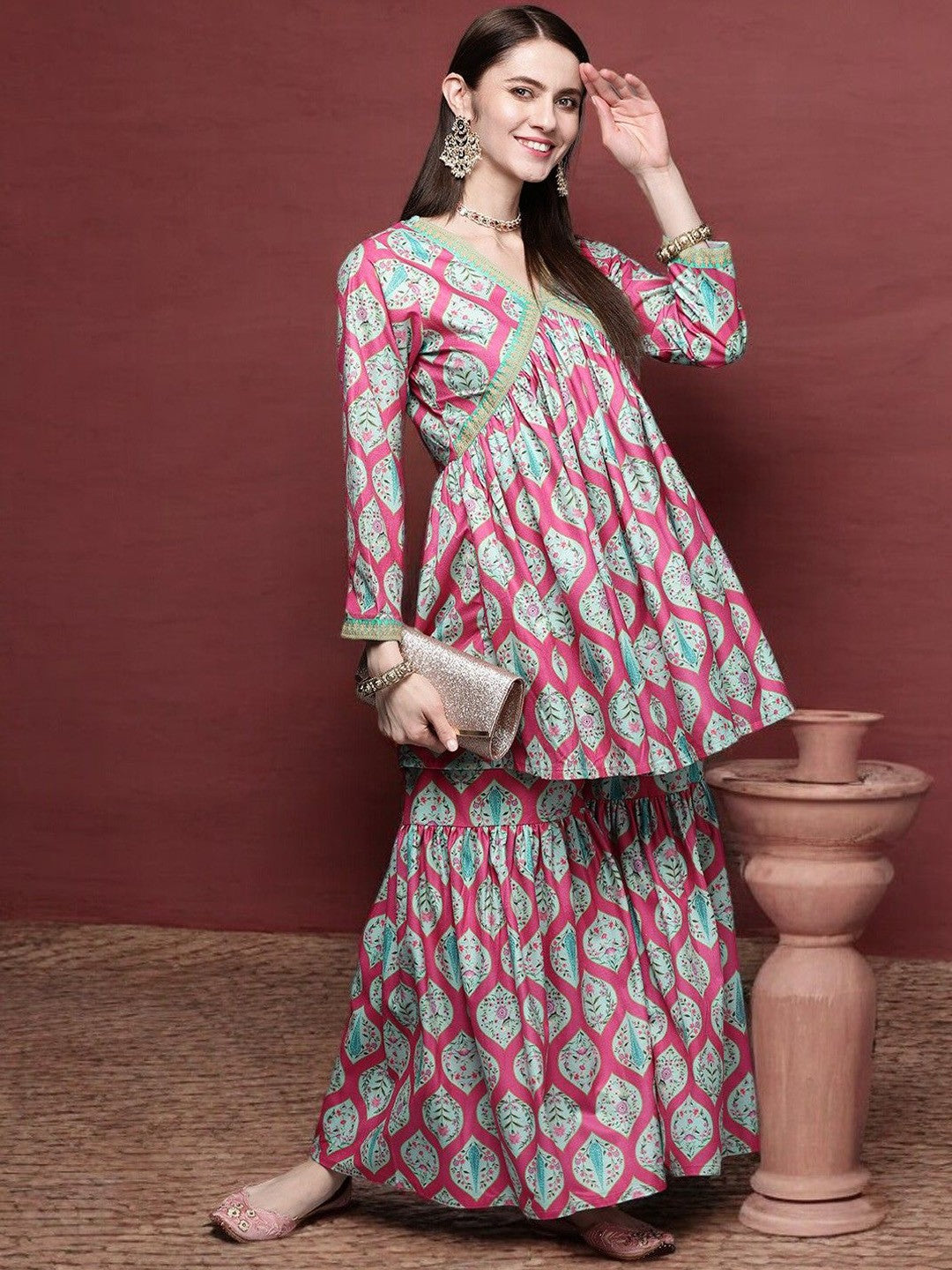 Pink Gotta Patti Velvet Kurta with Palazzos