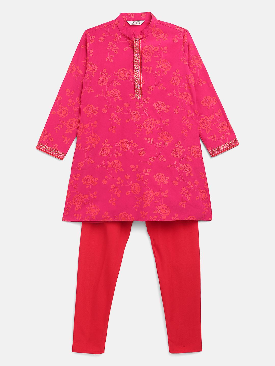 Boys Pink & Orange Khari Print Kids Kurta Churidar Set