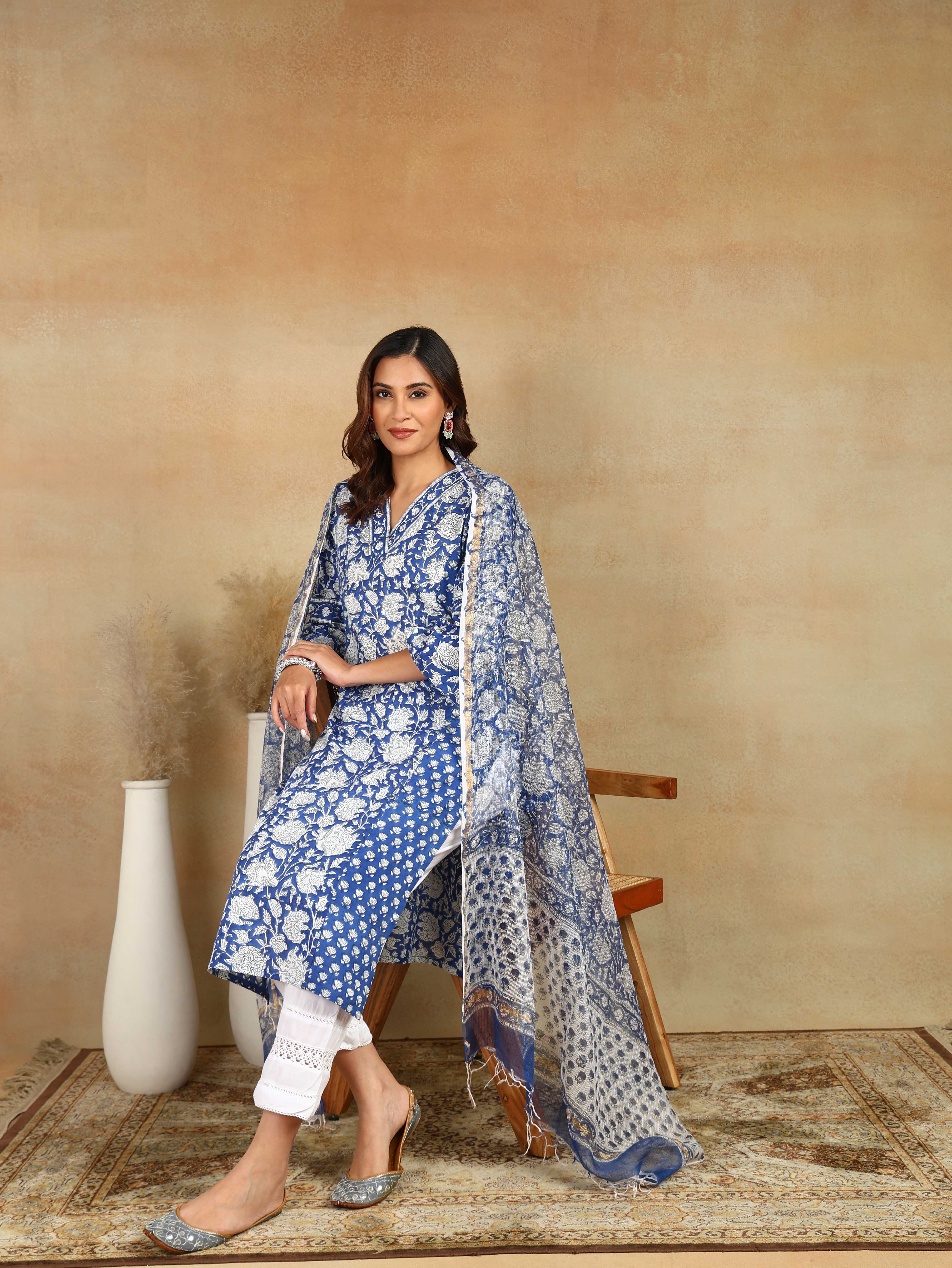 Blue/White Kota Doria Dupatta