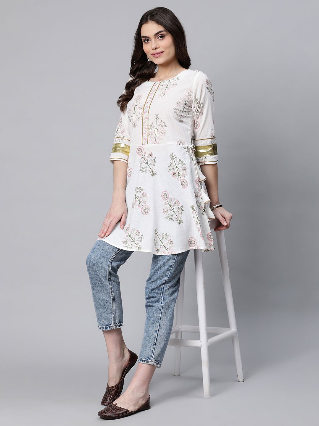 Off White Pure Cotton Floral Printed Tunic