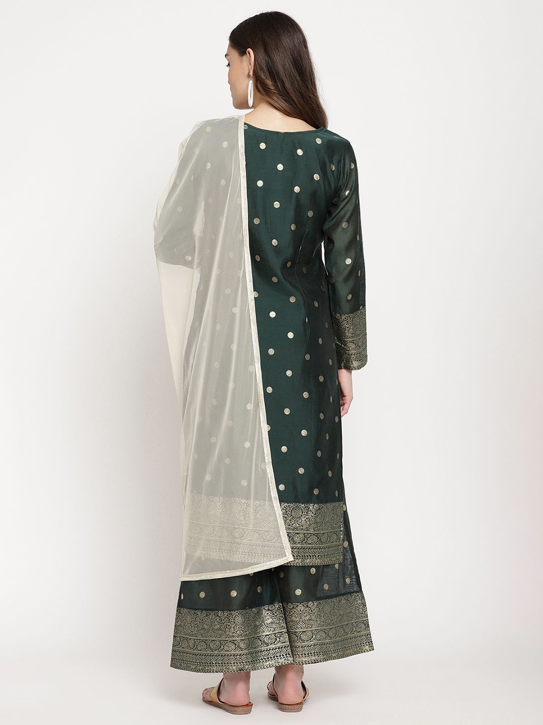 Dark Green Gold Print Kurta Palazzo Set With Dupatta