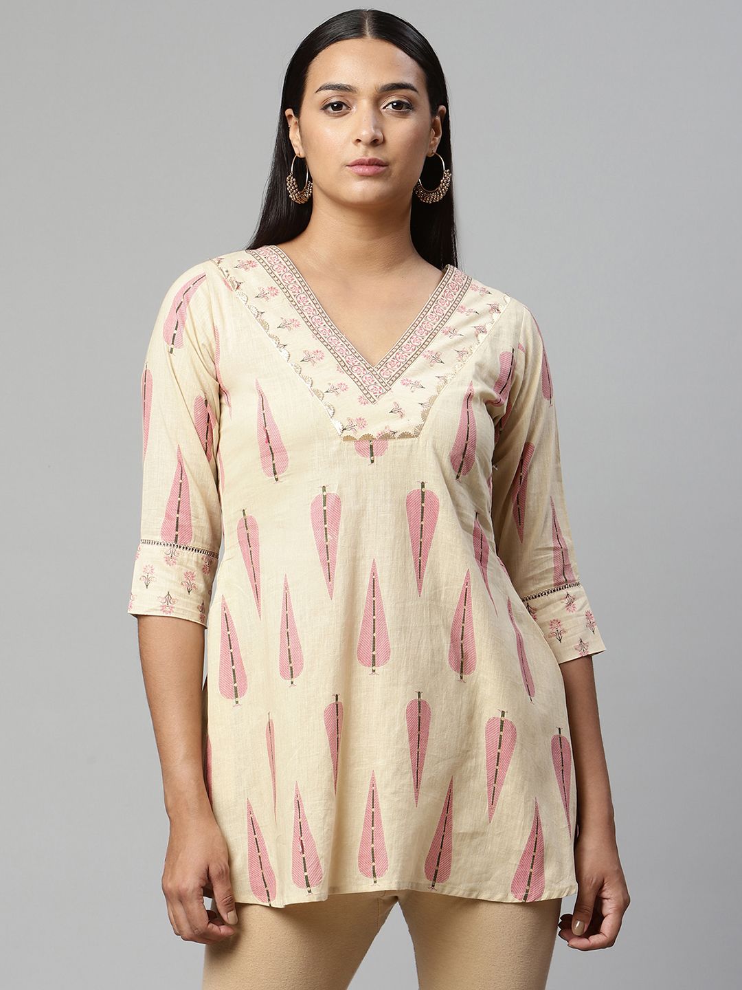 Beige Pure Cotton Printed Tunic