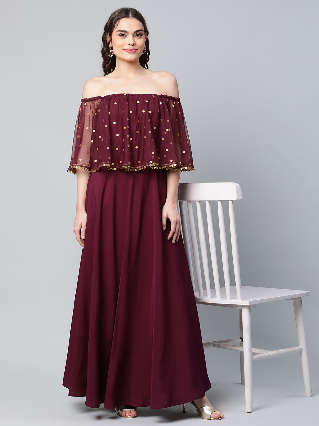 Burgundy & Gold Net Printed Dress