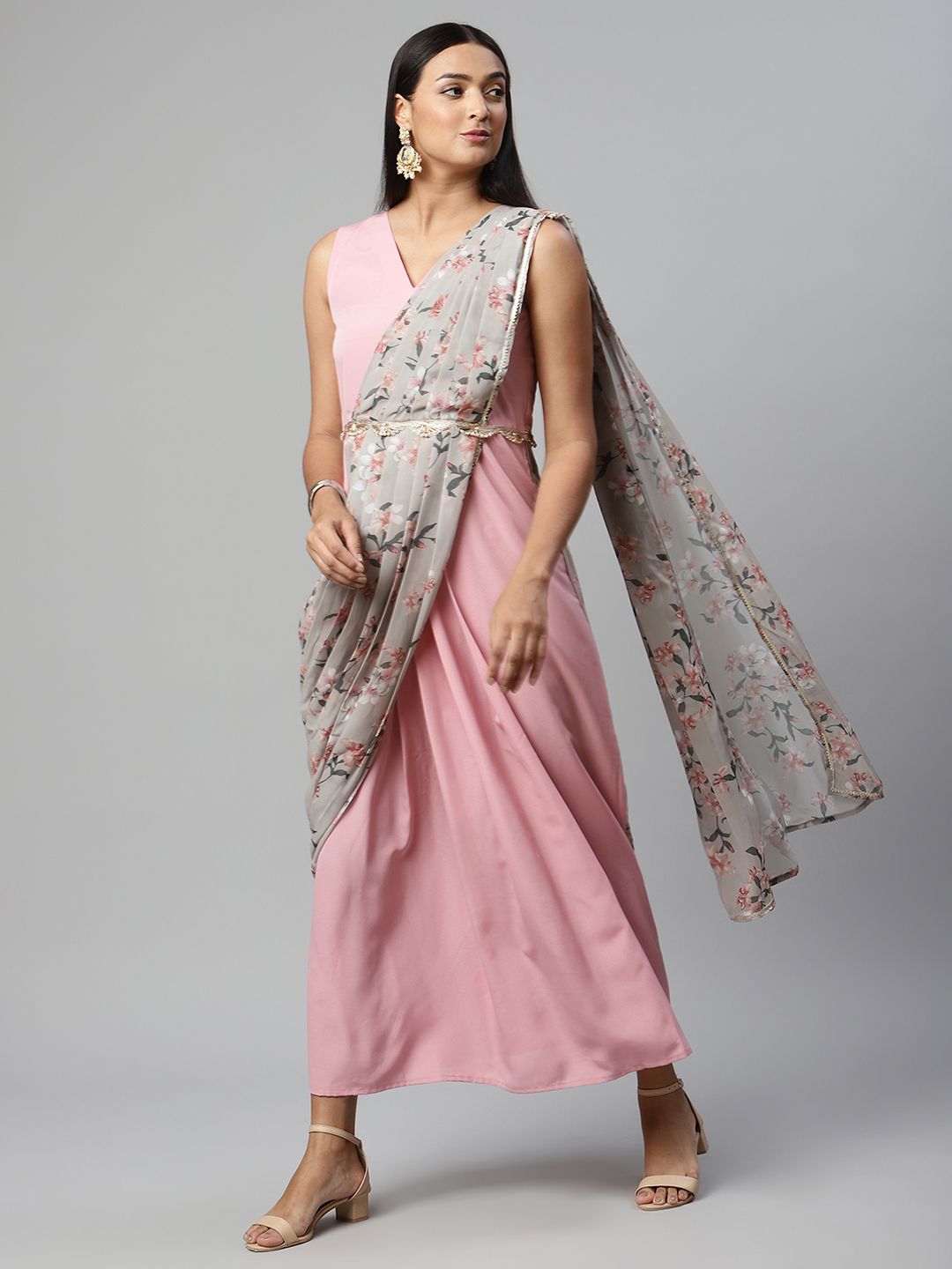 Baby Pink Georgette Saree Dress With Printed Pallu