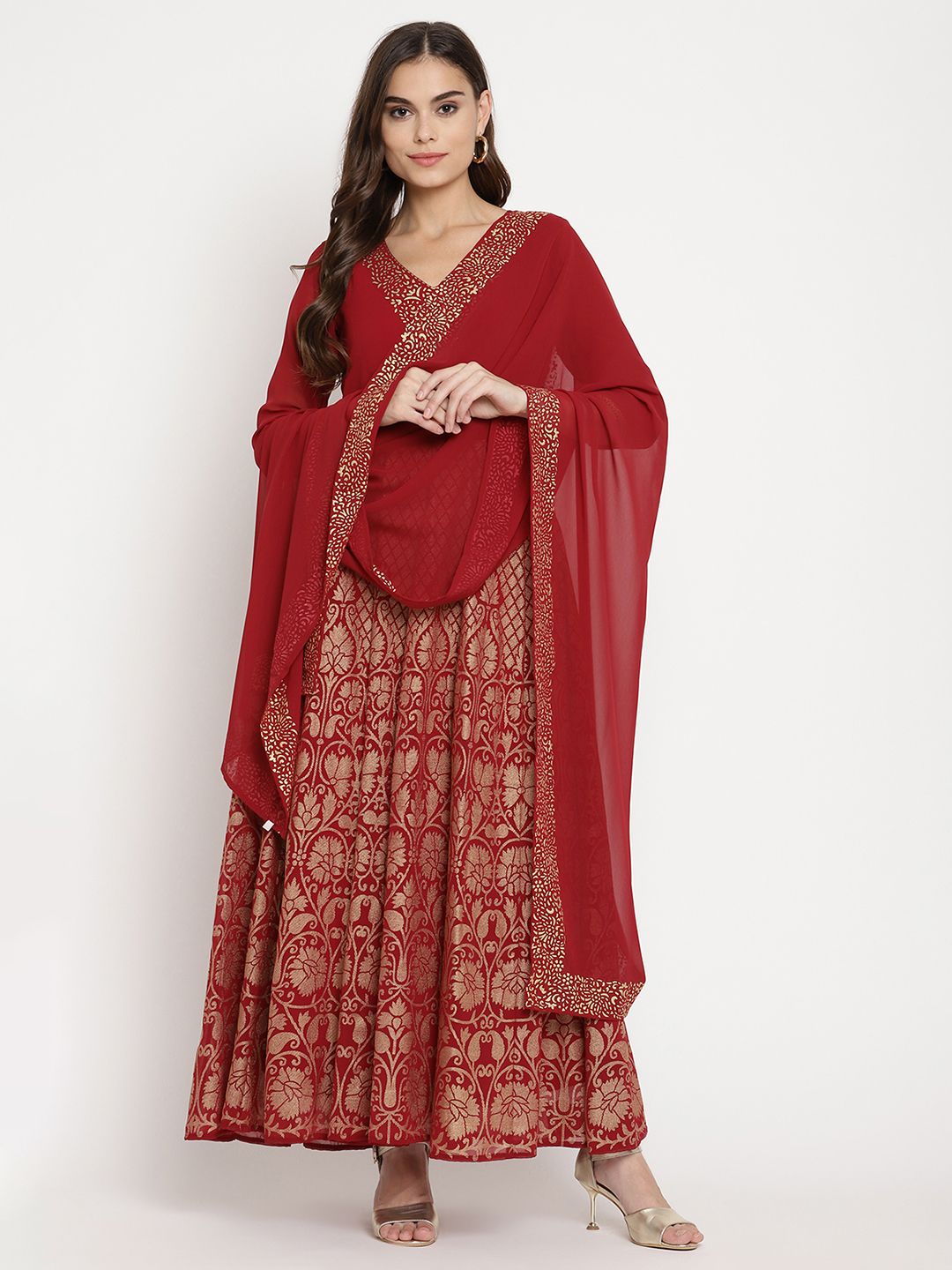 Maroon Georgette Gold Foil Print Flared Kurta with Dupatta