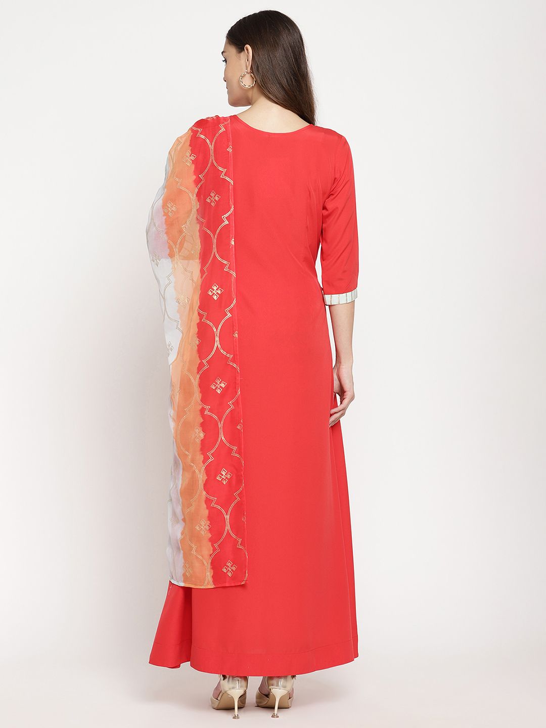 Red Crepe Solid Kurta With Printed Dupatta