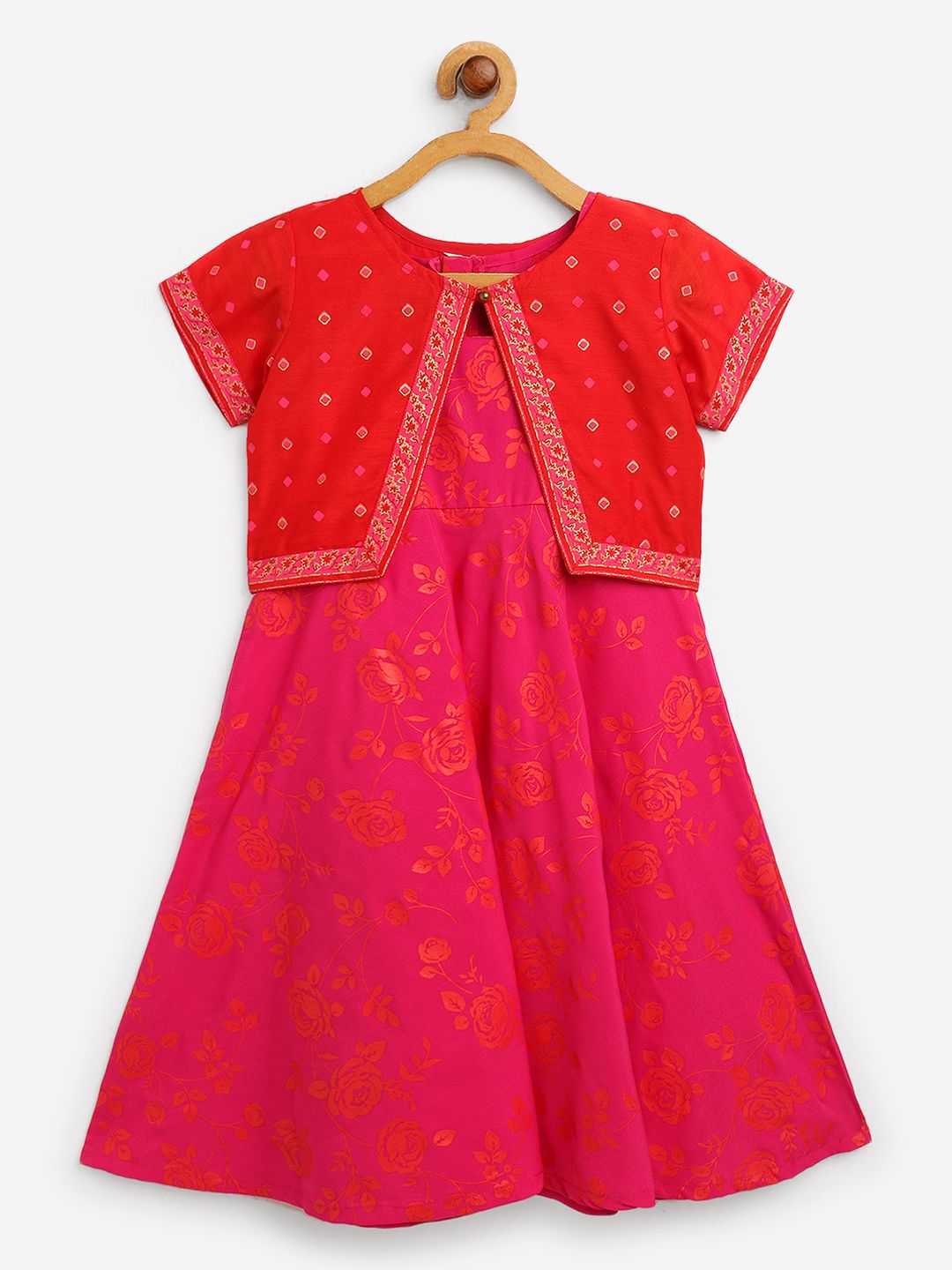 Pink Crepe Floral Printed Girls Kurta with Jacket