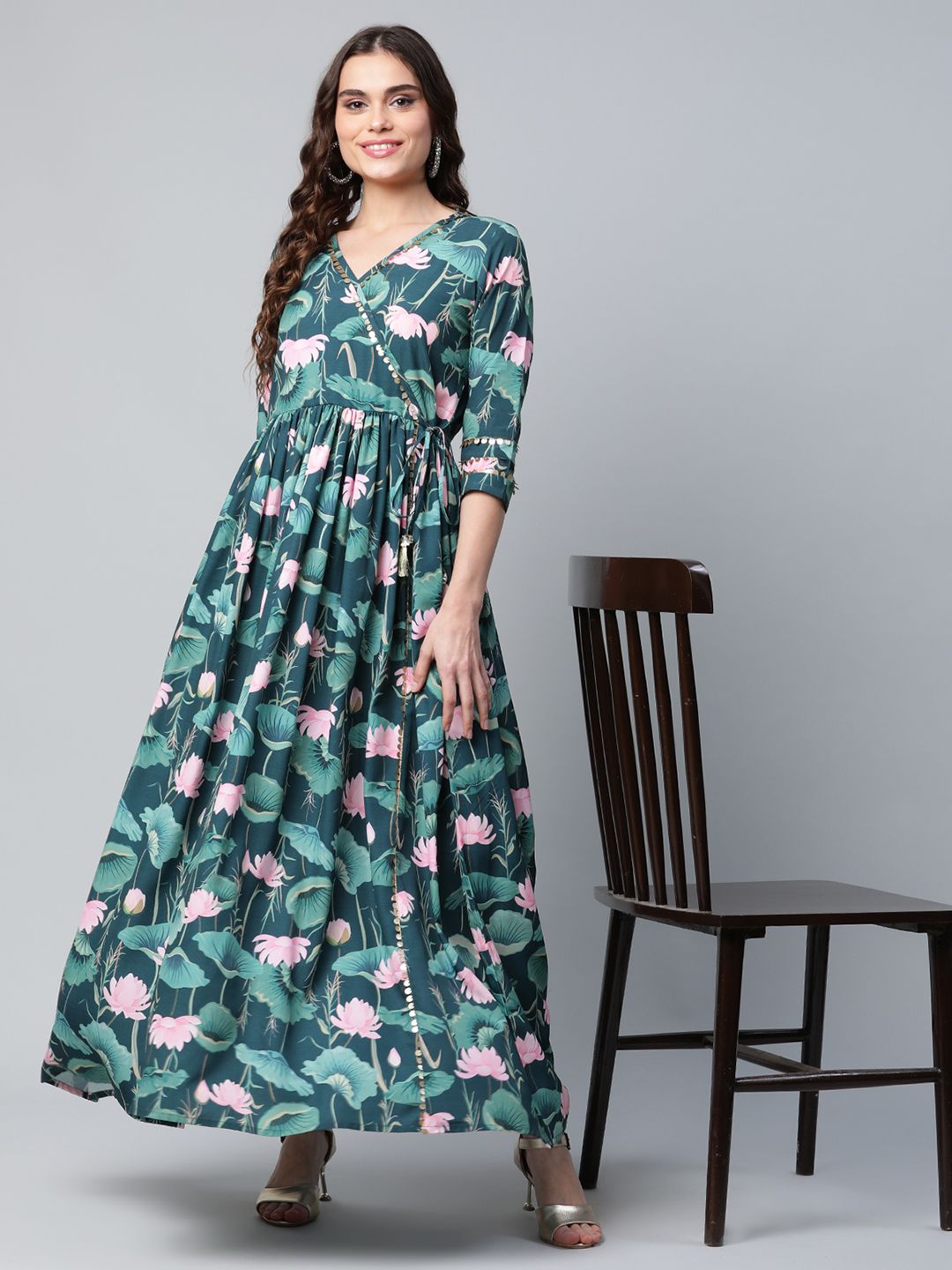 Dark Green Digital Print Flared Dress