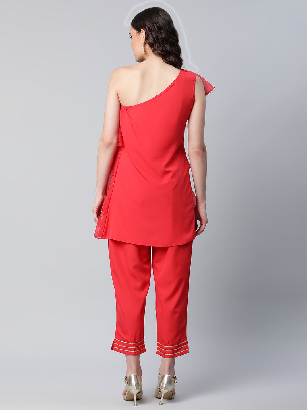 Red Printed Layered Organza Top with Trousers