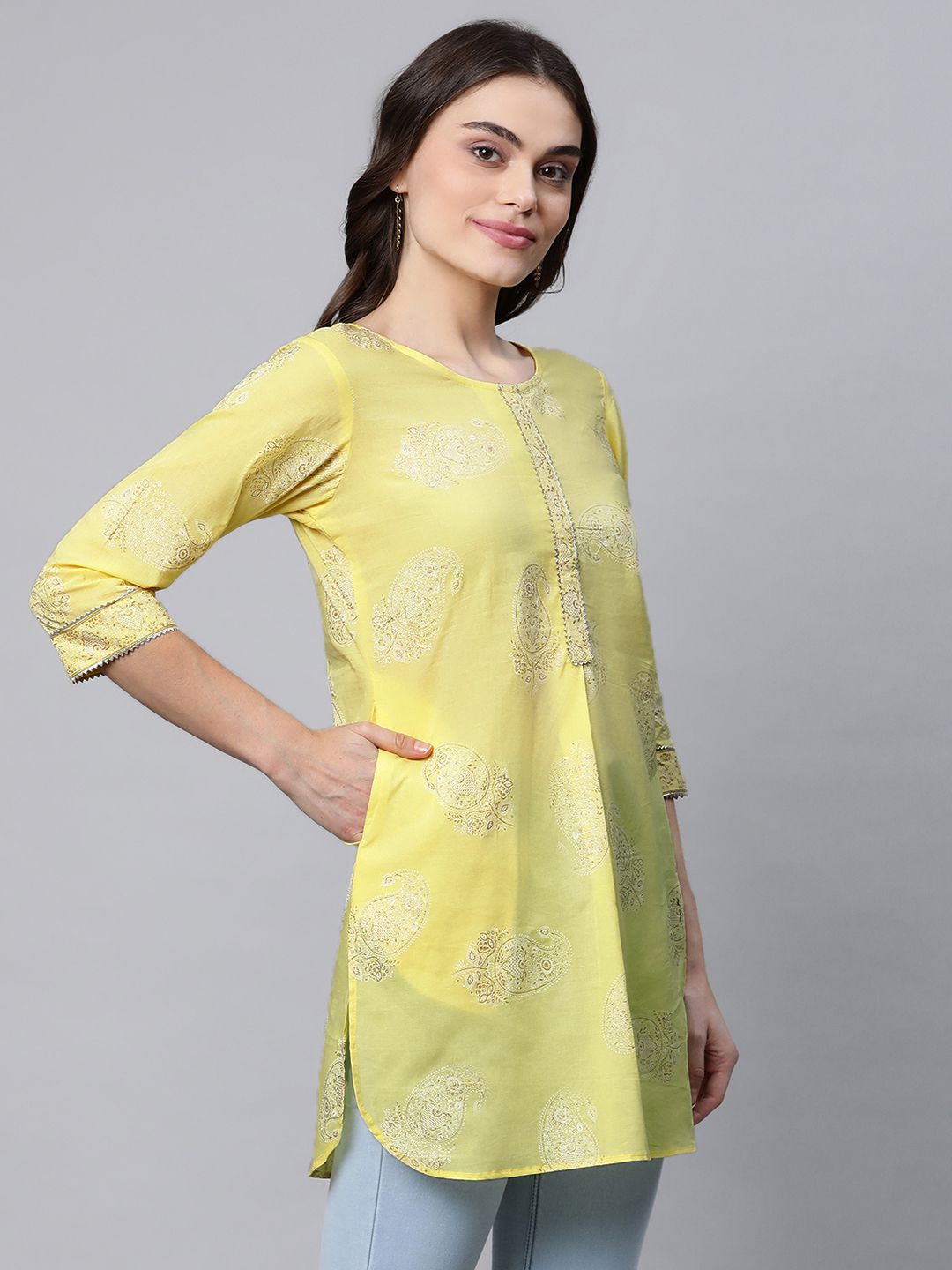 Yellow Pure Cotton Glitter Print Tunic