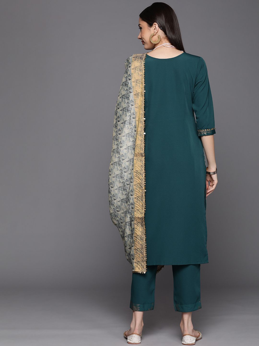 Dark Green Printed Kurta Pant Set With Dupatta