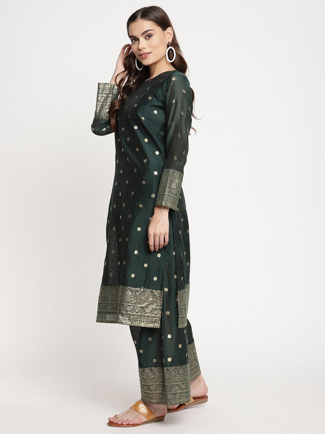 Dark Green Gold Print Kurta Palazzo Set With Dupatta