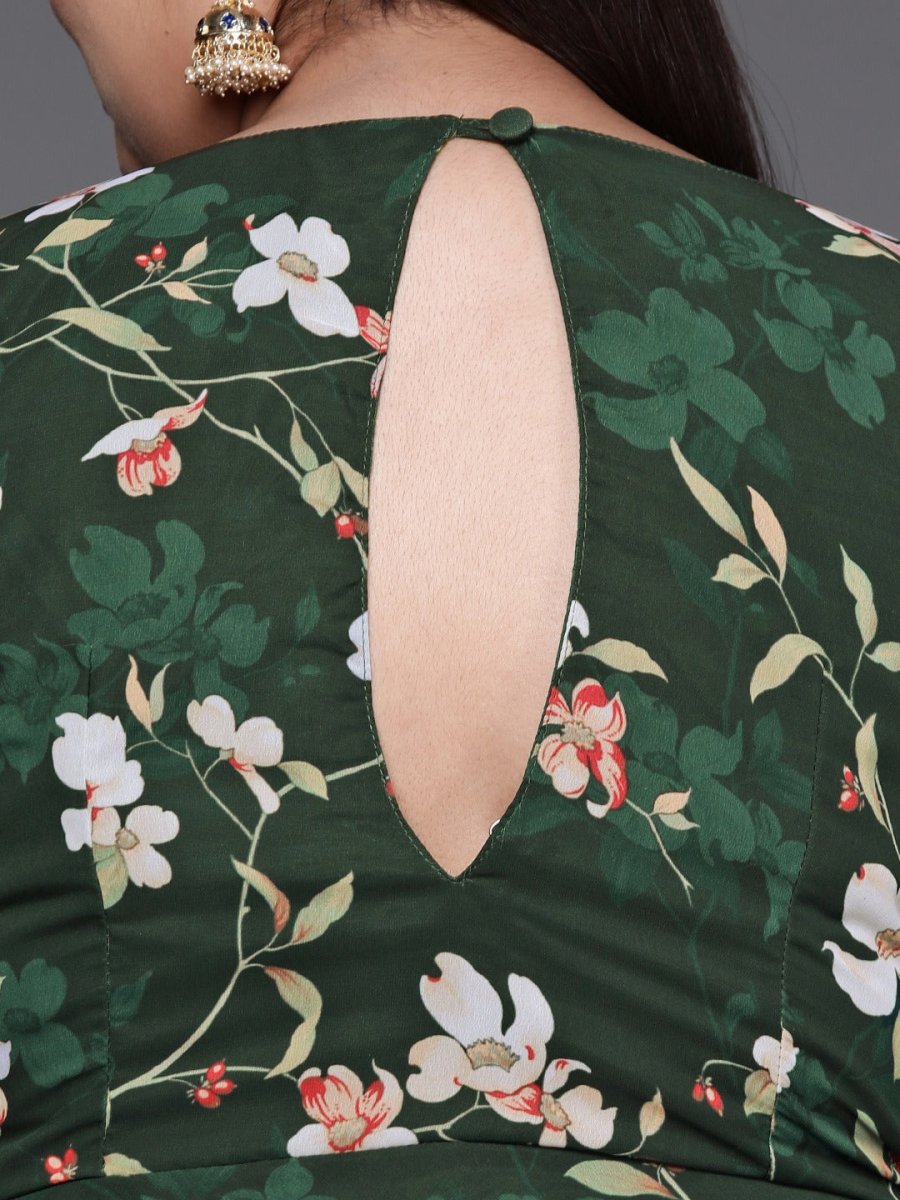 Women Green & Off White Floral Printed Angrakha Georgette Kurta With Dupatta - Inddus.com