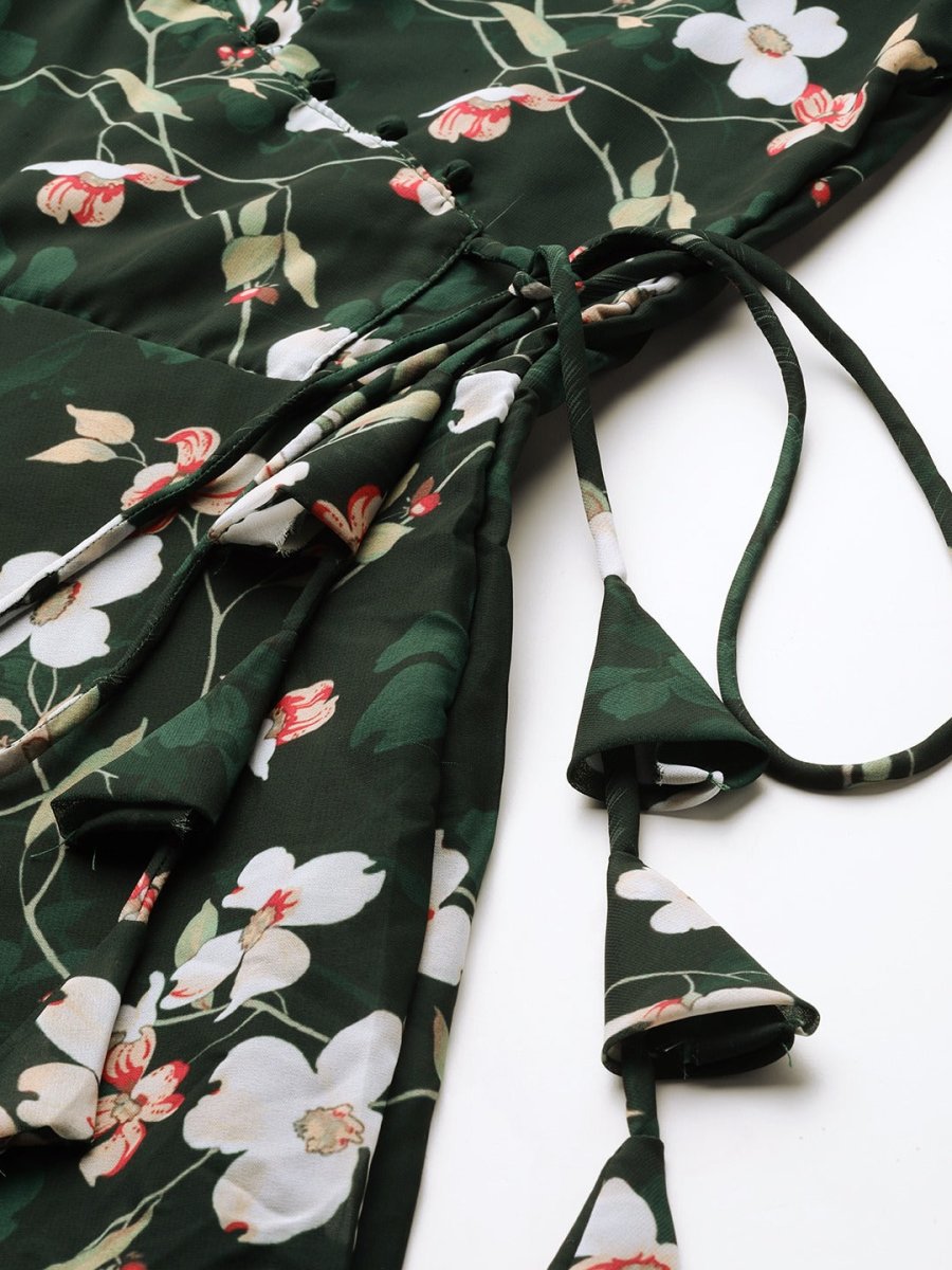 Women Green & Off White Floral Printed Angrakha Georgette Kurta With Dupatta - Inddus.com