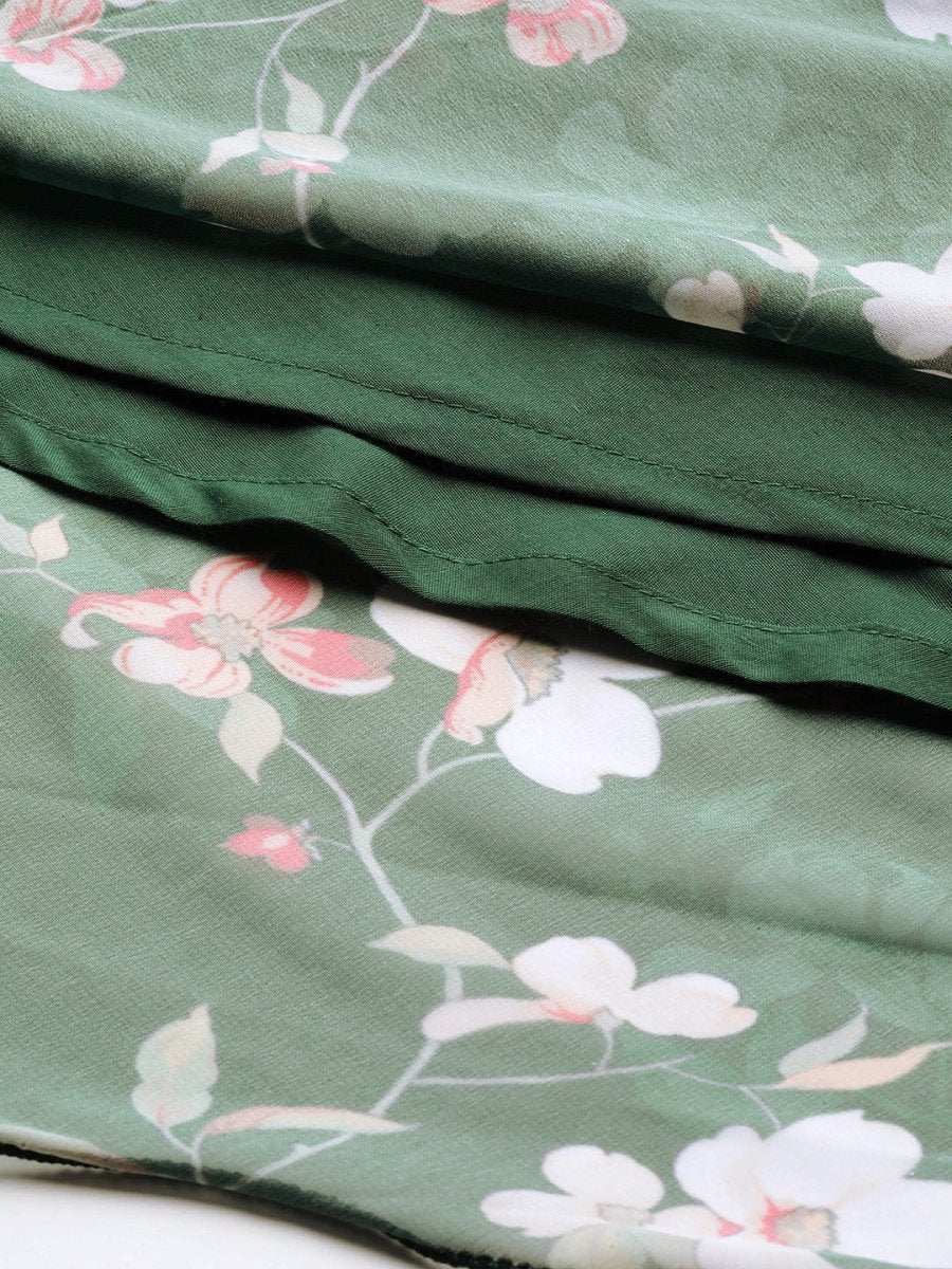 Women Green & Off White Floral Printed Angrakha Georgette Kurta With Dupatta - Inddus.com