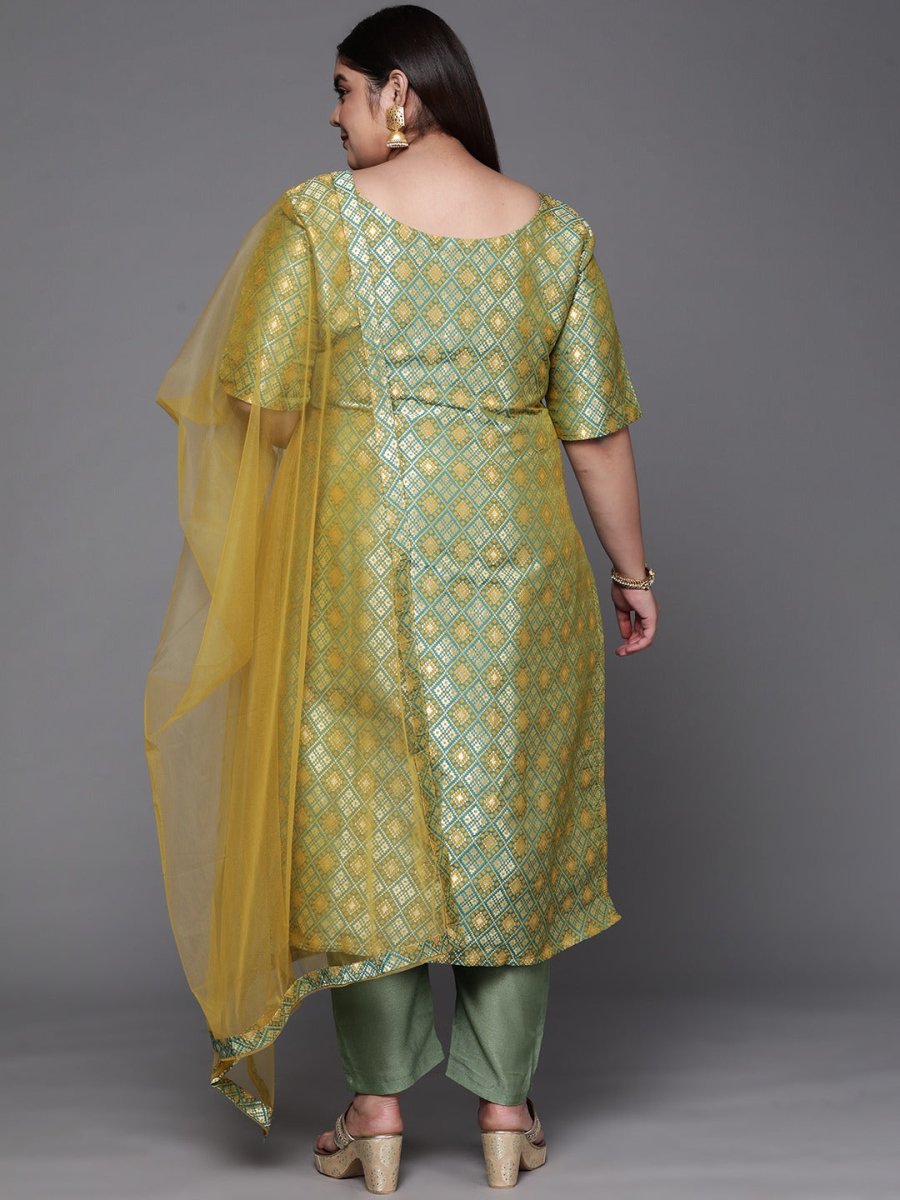 Women Green Woven Design Kurta with Trousers & With Dupatta - Inddus.com