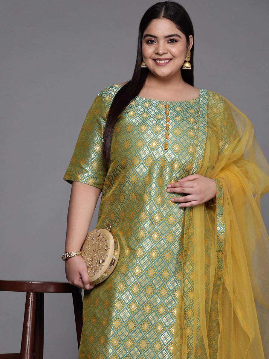Women Green Woven Design Kurta with Trousers & With Dupatta - Inddus.com