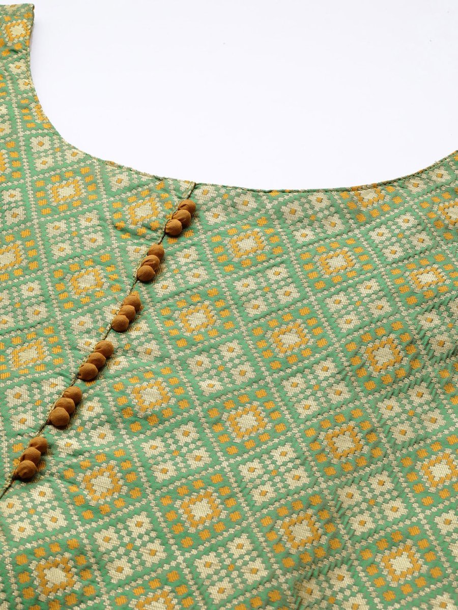 Women Green Woven Design Kurta with Trousers & With Dupatta - Inddus.com