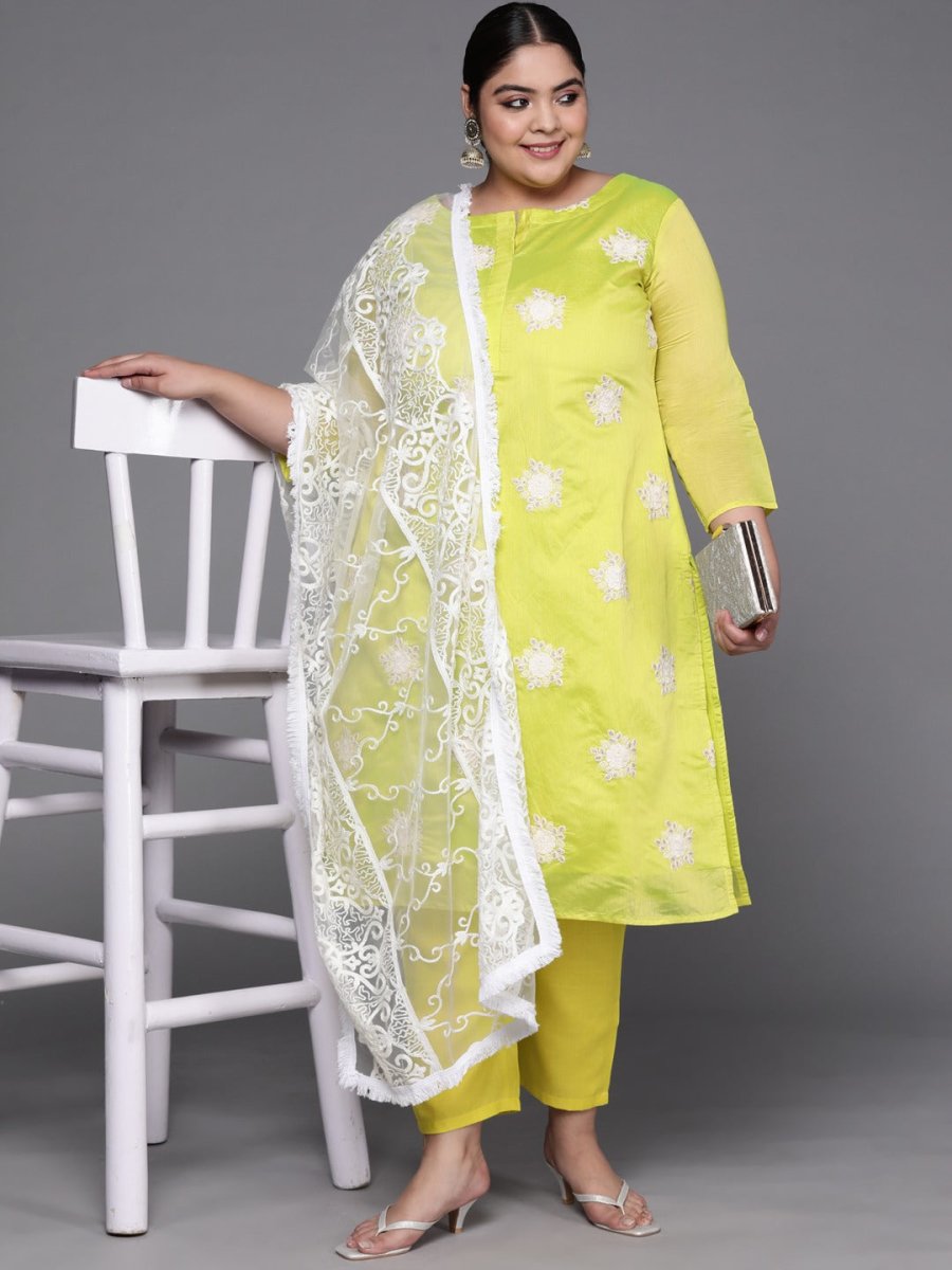 Women Lime Green Floral Embroidered Kurta with Trousers & Dupatta - Inddus.com