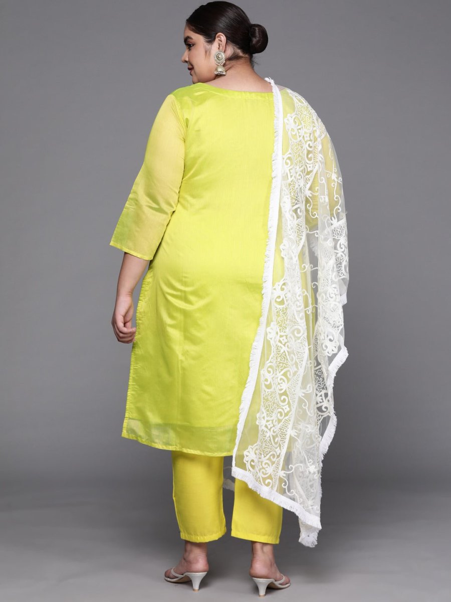 Women Lime Green Floral Embroidered Kurta with Trousers & Dupatta - Inddus.com