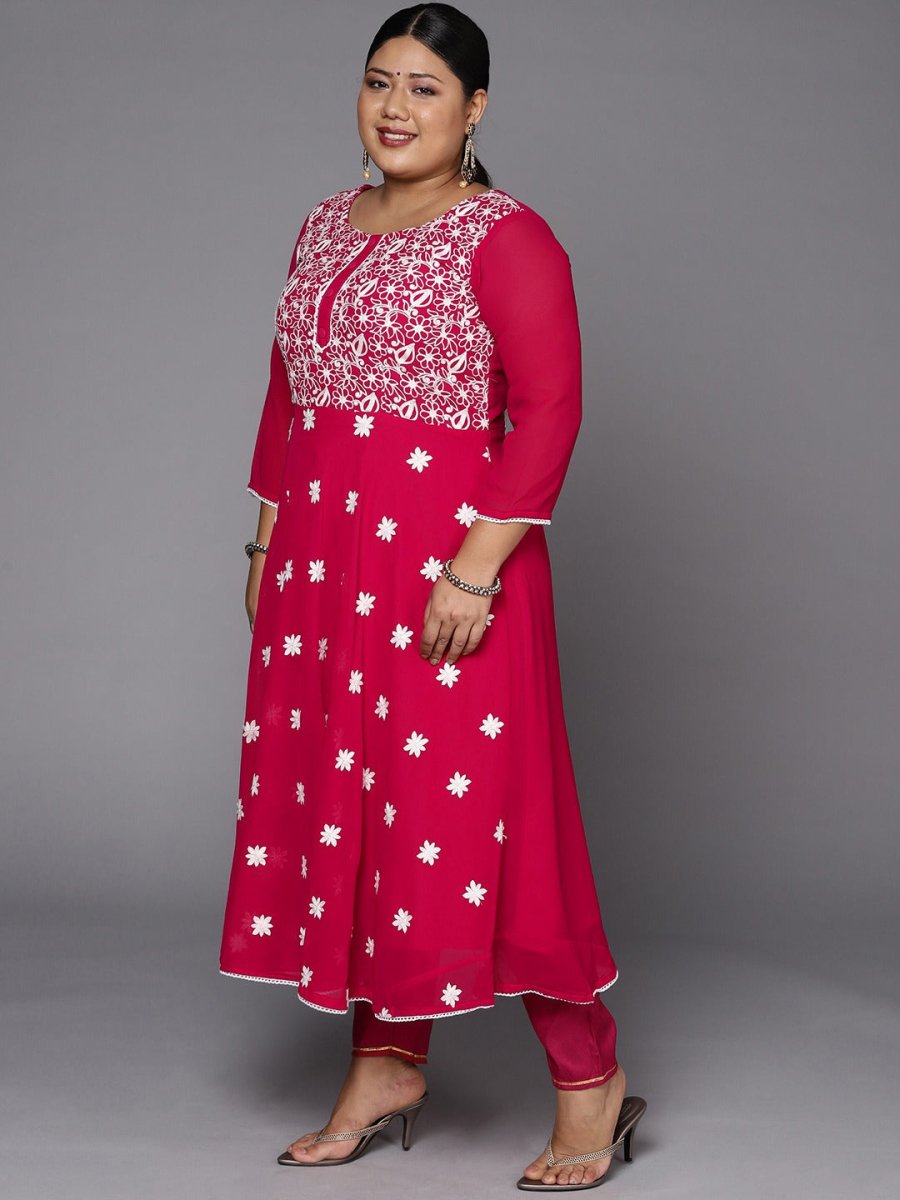 Women Magenta & White Floral Embroidered Thread Work Georgette Anarkali Kurta - Inddus.com