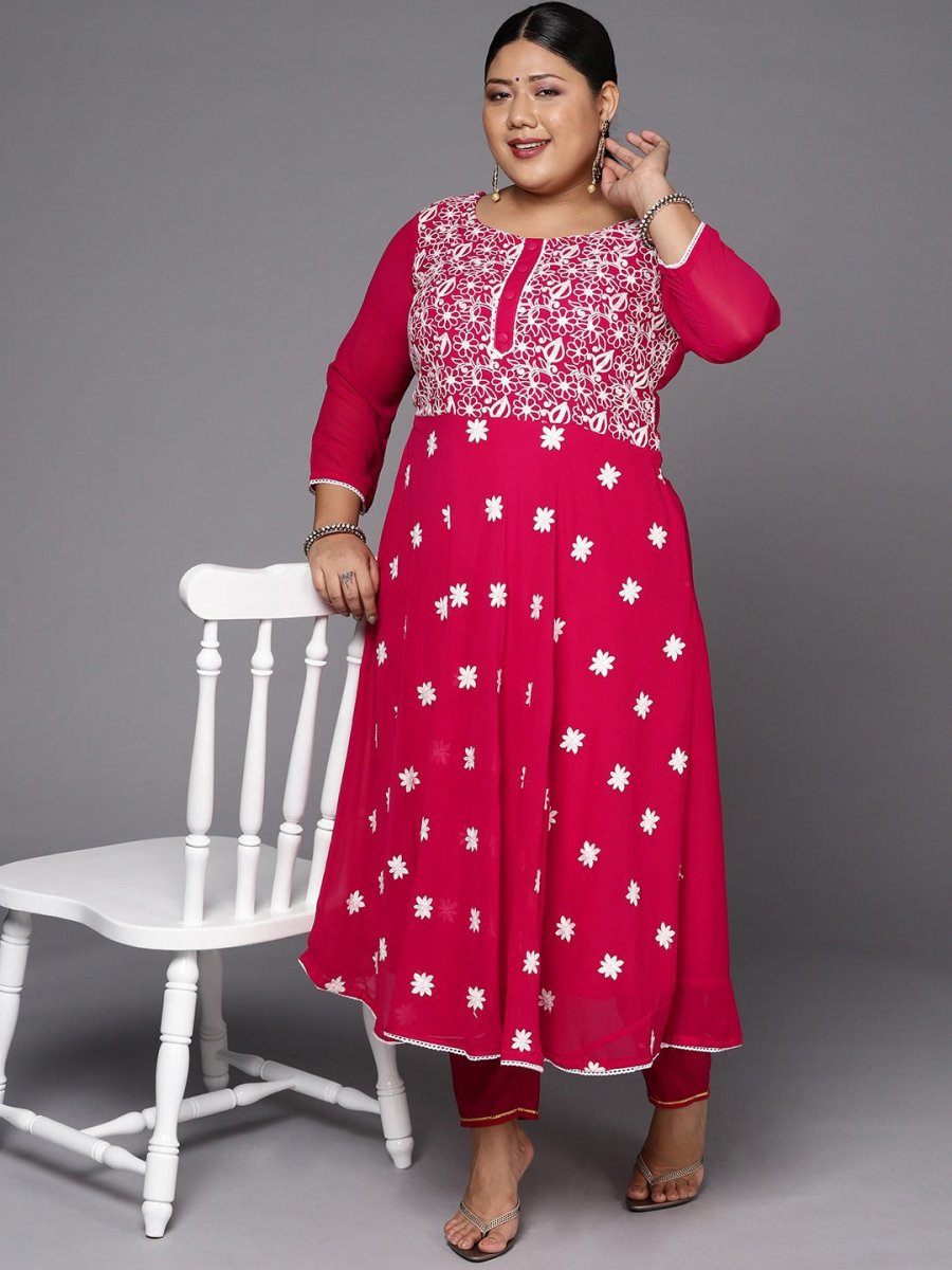 Women Magenta & White Floral Embroidered Thread Work Georgette Anarkali Kurta - Inddus.com