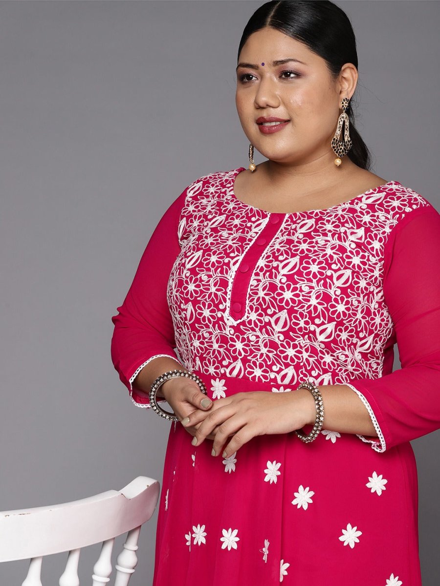 Women Magenta & White Floral Embroidered Thread Work Georgette Anarkali Kurta - Inddus.com