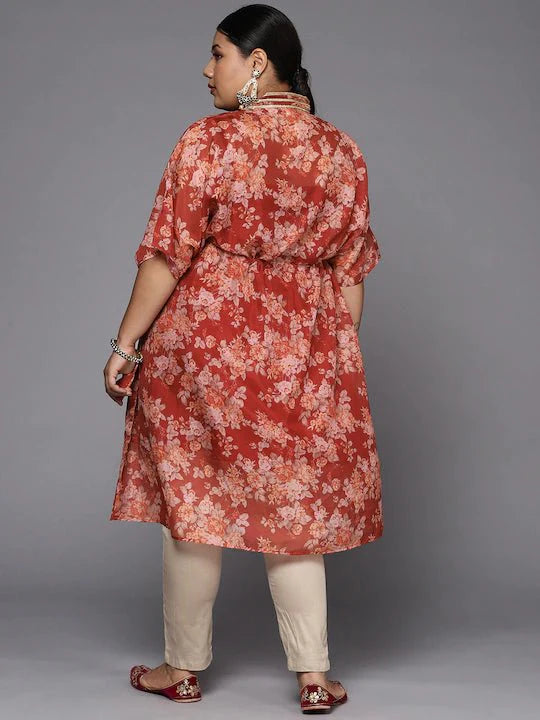 Women Maroon & Orange Floral Printed Organza Kaftan Kurta - Inddus.com