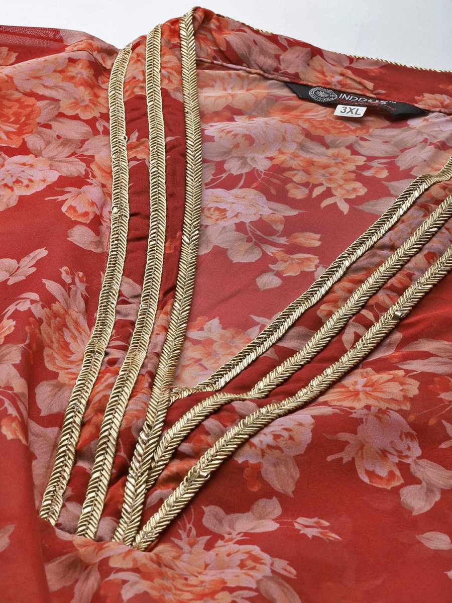 Women Maroon & Orange Floral Printed Organza Kaftan Kurta - Inddus.com