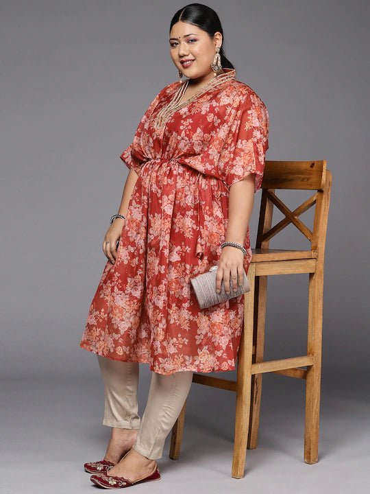 Women Maroon & Orange Floral Printed Organza Kaftan Kurta - Inddus.com