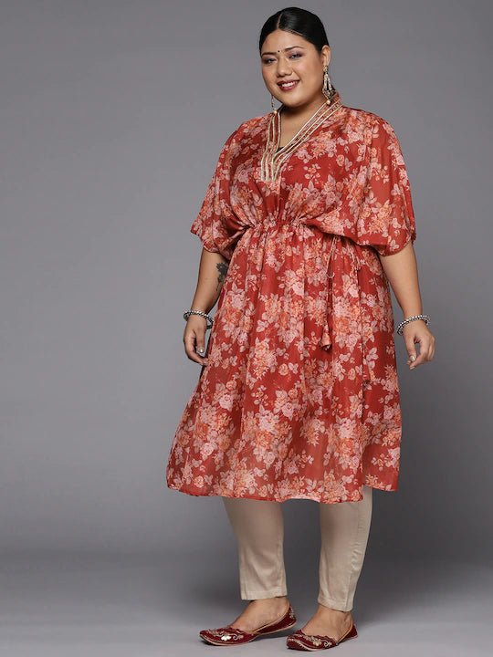 Women Maroon & Orange Floral Printed Organza Kaftan Kurta - Inddus.com