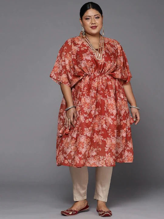 Women Maroon & Orange Floral Printed Organza Kaftan Kurta - Inddus.com