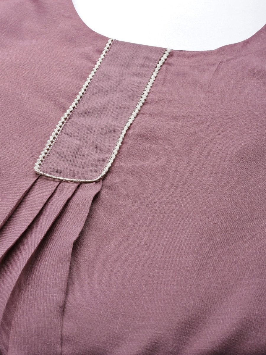 Women Mauve & White Solid Lace Inserts Kurta with Trousers & Net Dupatta - Inddus.com