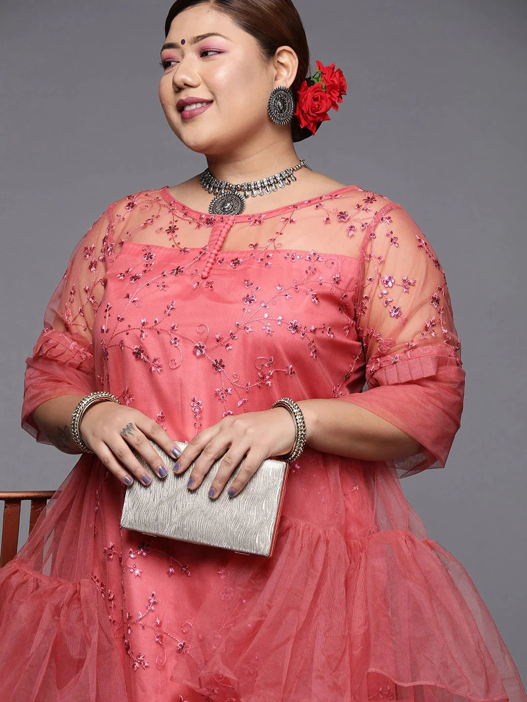 Women Plus Size Coral Pink Floral Sequinned Kurta with Palazzos & Dupatta - Inddus.com