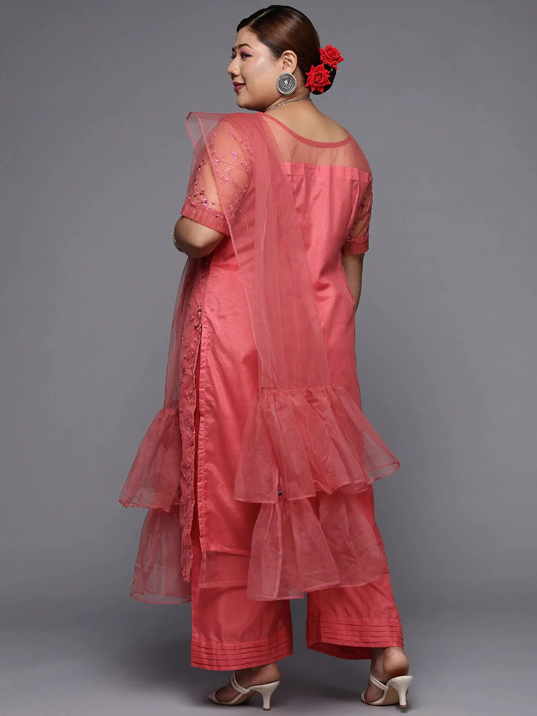 Women Plus Size Coral Pink Floral Sequinned Kurta with Palazzos & Dupatta - Inddus.com