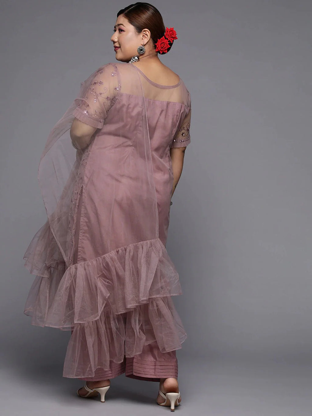 Women Plus Size Mauve Floral Sequinned Kurta with Palazzos & Dupatta - Inddus.com